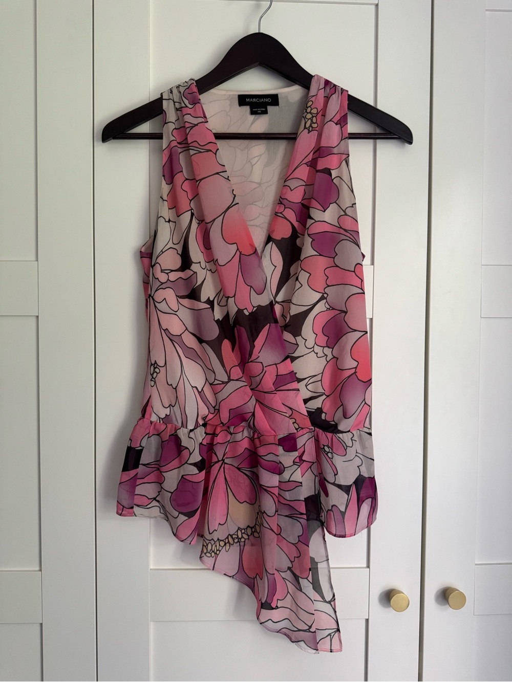 Marciano by Guess Pink Floral Wrap-Style Sleeveless Chiffon Peplum Blouse XS